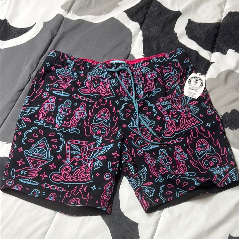 Black and Pink Abstract Board Shorts for Swim